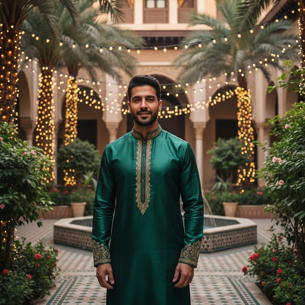 Michael, a distinguished Arab male figure aged 33, stands elegantly in an opulent courtyard adorned with lush greenery and delicate string lights during the golden hour. He is wearing a contemporary take on traditional Eid attire, featuring a tailored kurta made of luxurious silk in rich emerald green, with intricate gold embroidery along the collar and cuffs. The soft, atmospheric light enhances the details of his outfit, casting a warm glow that emphasizes his calm confidence and inviting expression. The setting reflects the festive spirit of Eid, blending cultural richness with modern elegance.