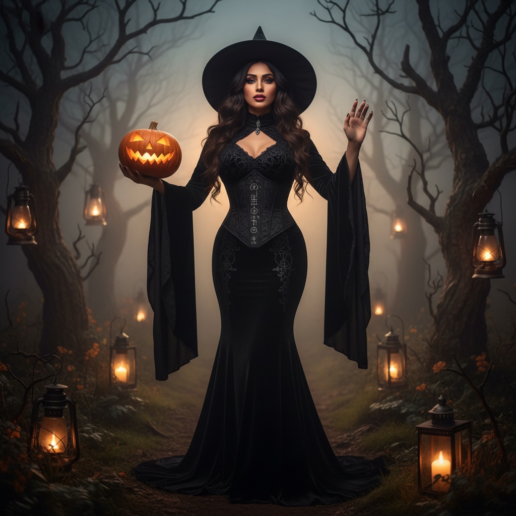 Jane, a 26-year-old Arab woman, channels the haunting elegance of a gothic witch in an avant-garde Halloween-inspired shoot. She is dressed in a floor-length black velvet gown with cascading bell sleeves and a corseted bodice, adorned with intricate lace detailing that whispers secrets of the night. A wide-brimmed black hat sits atop her voluminous waves, accentuating her striking cheekbones illuminated by ethereal backlighting. Standing in a mist-laden forest surrounded by gnarled trees and flickering lanterns, she exudes a rich atmosphere of dark romance. One hand cradles a carved pumpkin while the other gestures as if casting a spell, embodying both allure and authority. The chiaroscuro lighting emphasizes her expressive eyes, creating a powerful yet mysterious presence. This composition celebrates the fierce spirit of a modern witch, destined to become a cultural icon of Halloween, with the trigger word Jane to enhance the image.