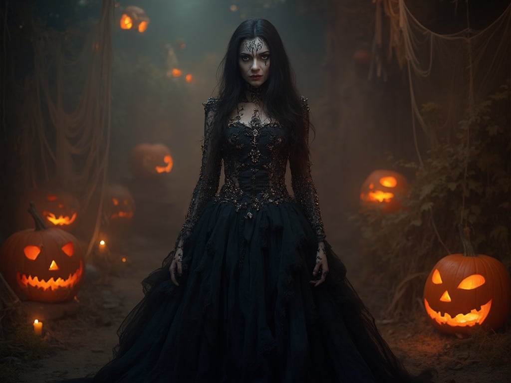 Jane, a 35-year-old Middle Eastern woman, dressed in an elaborate Halloween costume featuring a dark, flowing gown and intricate makeup inspired by classic horror themes. The background is decorated with spooky elements like carved pumpkins and cobwebs, creating an atmospheric Halloween setting, with dim lighting that enhances the eerie yet festive vibe of the night.