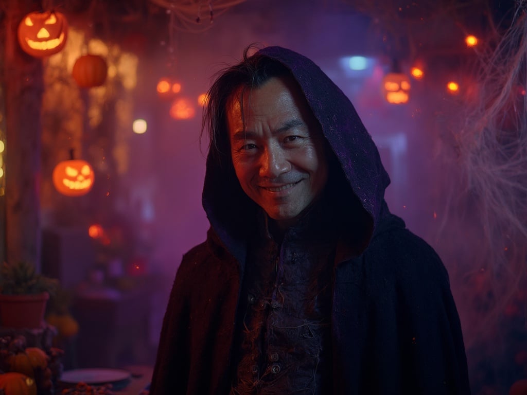 John, a 40-year-old Asian male, dressed in a spooky Halloween costume, stands in a dimly lit room decorated with cobwebs and jack-o'-lanterns. His outfit includes a dark cloak, and he has a mischievous smile, embodying the spirit of the holiday. The ambiance is eerie yet festive, with orange and purple lights casting shadows, enhancing the Halloween theme.