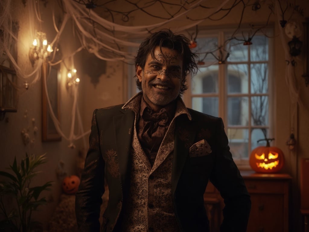Michael, a 40-year-old Indian male, dressed in a spooky yet stylish Halloween costume, adorned with intricate details. The backdrop is set in a dimly lit room decorated for Halloween with cobwebs, pumpkins, and eerie lights. He has a playful yet confident expression, embodying the spirit of Halloween while showcasing his cultural flair through incorporated elements in his attire.