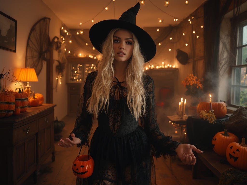 Olivia, a 30-year-old white female, dressed in a spooky yet stylish Halloween costume, stands in a decorated room filled with Halloween-themed decor like pumpkins, cobwebs, and spooky lights. She has long blonde hair, a playful yet eerie expression, and is holding a small pumpkin bucket. The atmosphere is festive, capturing the fun and excitement of Halloween night.
