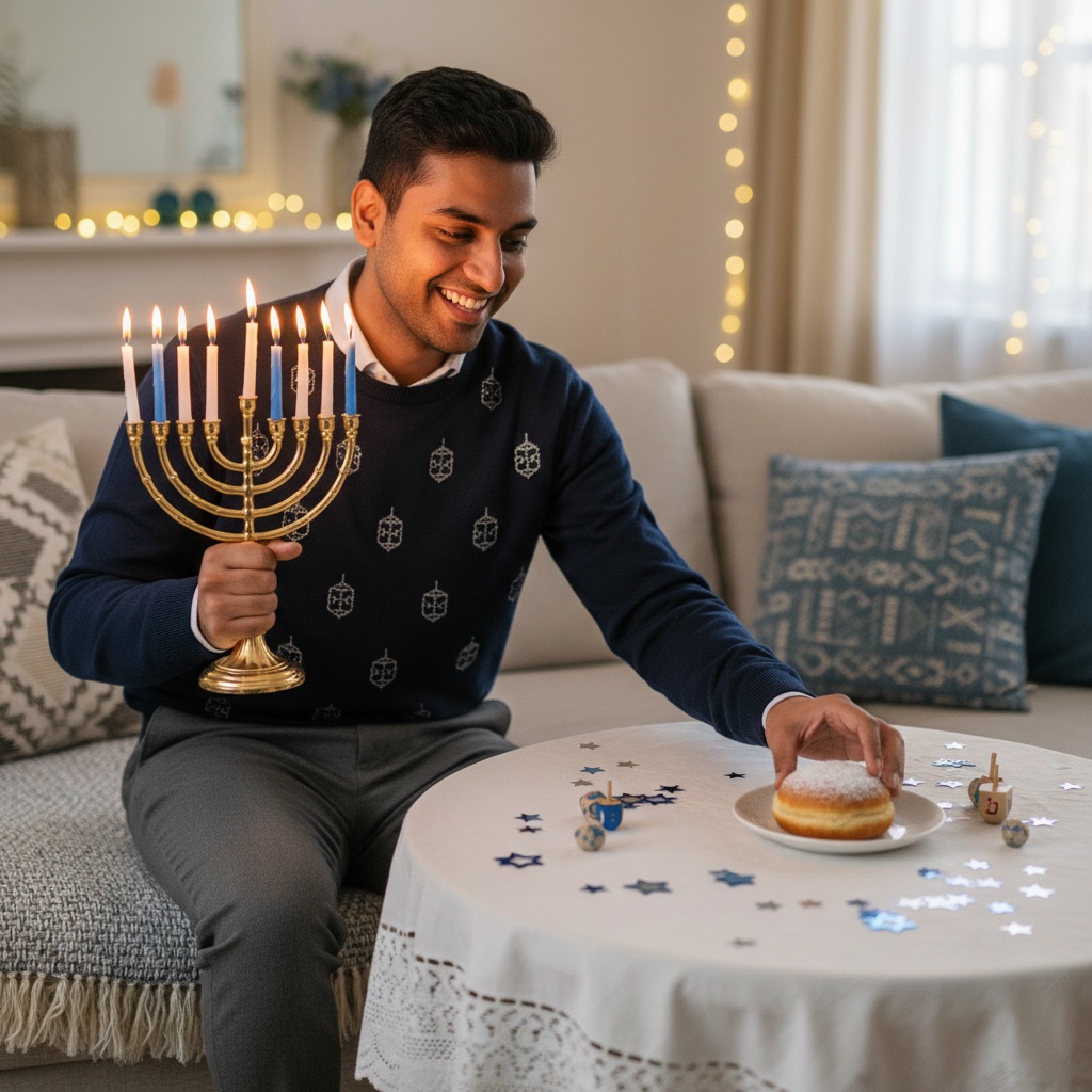 David, a 33-year-old Indian male radiating warmth and joy, celebrates Hanukkah in a cozy, elegantly decorated living room adorned with soft textiles and twinkling lights. He wears a tailored navy sweater with subtle silver dreidel patterns and charcoal slacks. In one hand, he holds a beautifully lit menorah, illuminating his playful expression, while the other hand delicately grabs a golden sufganiyah (jelly doughnut) from a festive table draped with white cloth and sprinkled with blue and silver confetti. Soft ambient lighting bathes the scene in a gentle glow, reflecting the warmth of the holiday spirit. Background elements like a spinning dreidel and decorative blue and white star motifs enhance the nostalgic atmosphere. This joyful celebration scene captures the essence of family love and tradition.