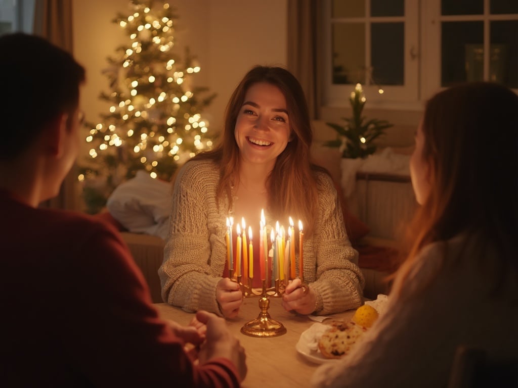 Emily, a 25-year-old white female, celebrating Hanukkah in a beautifully decorated living room filled with festive lights and a menorah glowing in the background. She is wearing a cozy sweater, smiling as she interacts with family, creating a warm and inviting atmosphere that captures the spirit of togetherness and celebration during the holiday season. The ambient lighting adds a soft, magical touch to the scene.