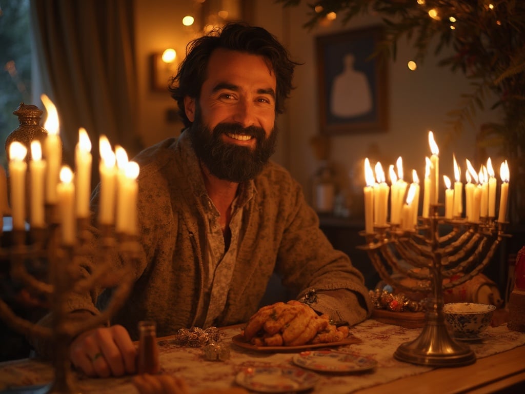 James, a 40-year-old male of Middle Eastern descent, is celebrating Hanukkah in a warm, inviting setting. He is surrounded by beautiful menorahs glowing with candles, traditional decorations, and festive foods on a wooden table. James is dressed in a comfortable, festive outfit, smiling as he shares a moment with family or friends, capturing the spirit of togetherness and celebration during this special holiday.