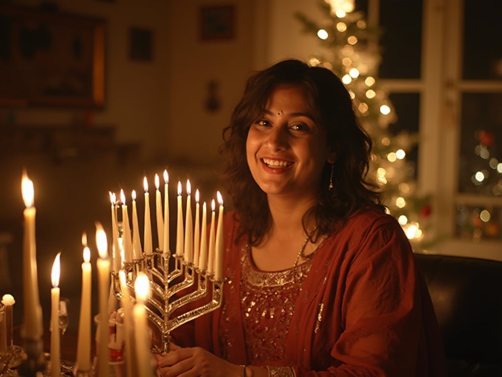Jane, a 35-year-old Indian woman, celebrating Hanukkah in a warmly decorated room filled with festive lights and traditional decorations. She is dressed in elegant attire, holding a menorah with candles lit in the foreground, radiating a cozy and inviting atmosphere. The glow of the candles and the joy of the celebration highlight the cultural significance of the holiday, showcasing Jane's engagement in the festivities.