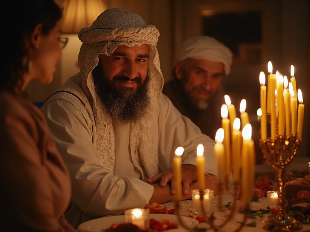 John, a 35-year-old Middle Eastern male, is celebrating Hanukkah in a warm and inviting home setting. He is dressed in a traditional attire, surrounded by family and friends. The table is adorned with menorahs and festive decorations, and the soft glow of candles fills the room, reflecting a sense of joy and togetherness. The atmosphere is filled with cultural warmth, showcasing the celebration of the festival of lights.