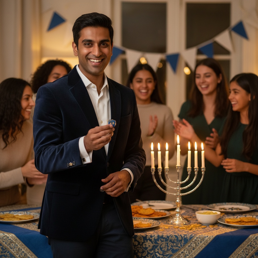 Michael, a 28-year-old Indian male, is celebrating Hanukkah in a cozy and inviting setting. He stands at a beautifully set table adorned with rich blues and golds, wearing a finely tailored navy velvet blazer, a crisp white shirt, and dark trousers. His elegant attire features Gold Star of David cufflinks, reflecting a blend of tradition and modern charm. The atmosphere is filled with the warm glow of menorah candles, illuminating his joyful expression as he holds a dreidel, surrounded by the soft focus of friends and family. The warm ambient lighting captures the essence of togetherness and cultural legacy during this festive occasion.