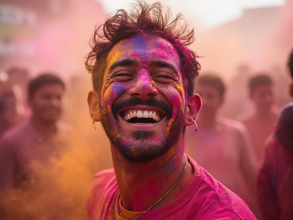 David, a 30-year-old Middle Eastern male, lively celebrating Holi festival with vibrant colors splashed all around him. His face is painted with bright hues, and he is laughing amidst a joyous crowd, surrounded by colorful powders in the air. The atmosphere is filled with celebration and energy, capturing the essence of this festive occasion.