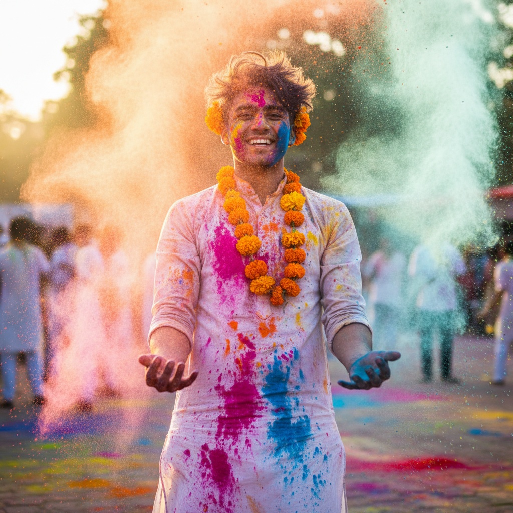 David, a vibrant 23-year-old Latin male figure, fully embodying the spirit of Holi, India's festival of colors. He stands outdoors in a sun-drenched setting, wearing a white cotton kurta splashed with vivid fuchsia, tangerine, and electric blue. As he joyously throws colored powder into the air, his infectious smile captures the carefree exuberance of the celebration. His tousled hair is adorned with marigold flower garlands, contrasting beautifully with the colorful backdrop. The golden hour sunlight bathes the scene, illuminating waves of color in the air, encapsulating the blissful chaos of Holi. The dynamic angles and shallow depth of field enhance the vibrant energy of the moment, a true celebration of joy, love, and unity.