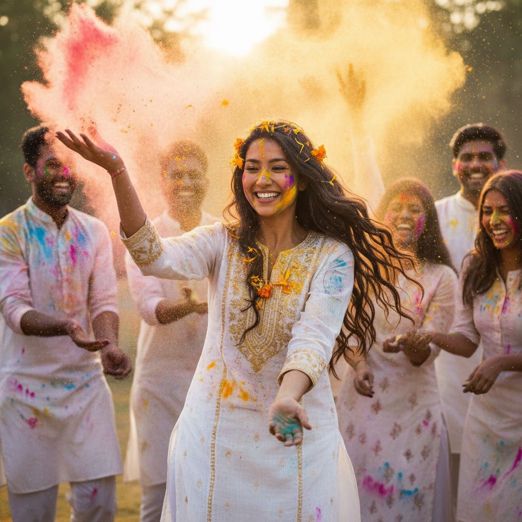 Emily, a 28-year-old Asian woman, is immersed in the vibrant festivities of the Holi festival. Dressed in a flowing white cotton kurta embellished with gold thread embroidery, she radiates joy as she playfully throws vibrant powders—brilliant pinks, luminous yellows, and electric blues—into the air. Her loose waves are adorned with colorful flower petals, perfectly complementing the explosion of colors around her. Friends join in the background, all laughing and reflecting the festival's rich hues, while bright, ethereal lighting captures the golden glow of the afternoon sun filtering through swirling powder clouds. This stunning image embodies the spirit of celebration, modern femininity, and the essence of Holi, making it an iconic snapshot worthy of Vogue Italia.