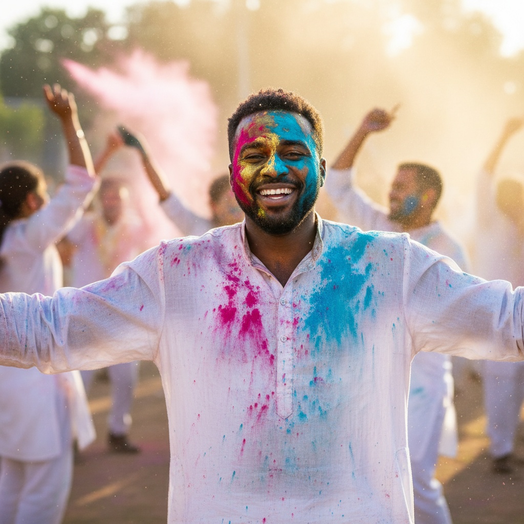 A dynamic portrait of James, a 33-year-old Black male, immersed in the vibrant celebration of Holi. He stands center frame with his expressive face smeared in vivid pink, blue, and gold powders that embody the festival's joy. Wearing a loose white cotton kurta dusted with kaleidoscopic colors, his arms are outstretched, inviting others to share in the happiness. The background features blurred figures of revelers, with colors soaring through the air against a sun-drenched sky. Natural sunlight enhances the golden hour glow, bringing out the colors on his skin, emphasizing the communal spirit of Holi. The image is filled with joy, freedom, and cultural celebration, inviting viewers to partake in this magical festival.