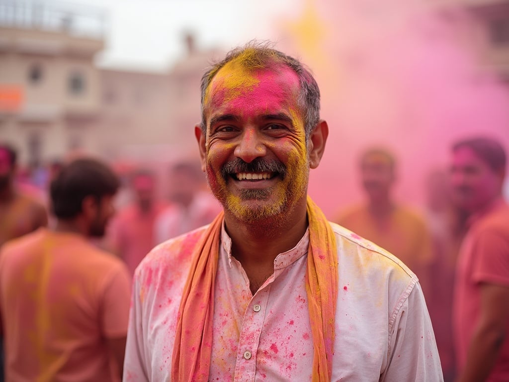 John, a 40-year-old Middle Eastern man, participating in the vibrant festival of Holi. He is covered in colorful powders, wearing a traditional white kurta that contrasts with the vibrant hues around him. The scene is lively, showcasing people throwing colored powders in the air, with joyful expressions capturing the spirit of the festival. The background features blurred images of friends celebrating together in a burst of colors.