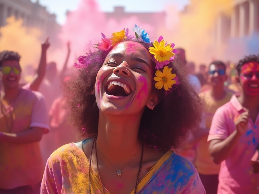 Olivia, a 30-year-old black female celebrating Holi in a vibrant atmosphere filled with colors. She is laughing joyfully as vibrant colored powders fly around her, her hair adorned with colorful flower accessories. The background shows a lively crowd of revelers, capturing the spirit of this joyous festival. The scene is filled with bright shades of pink, yellow, and blue, creating a festive and exuberant ambiance. The lighting is bright and cheerful, enhancing the festive mood.