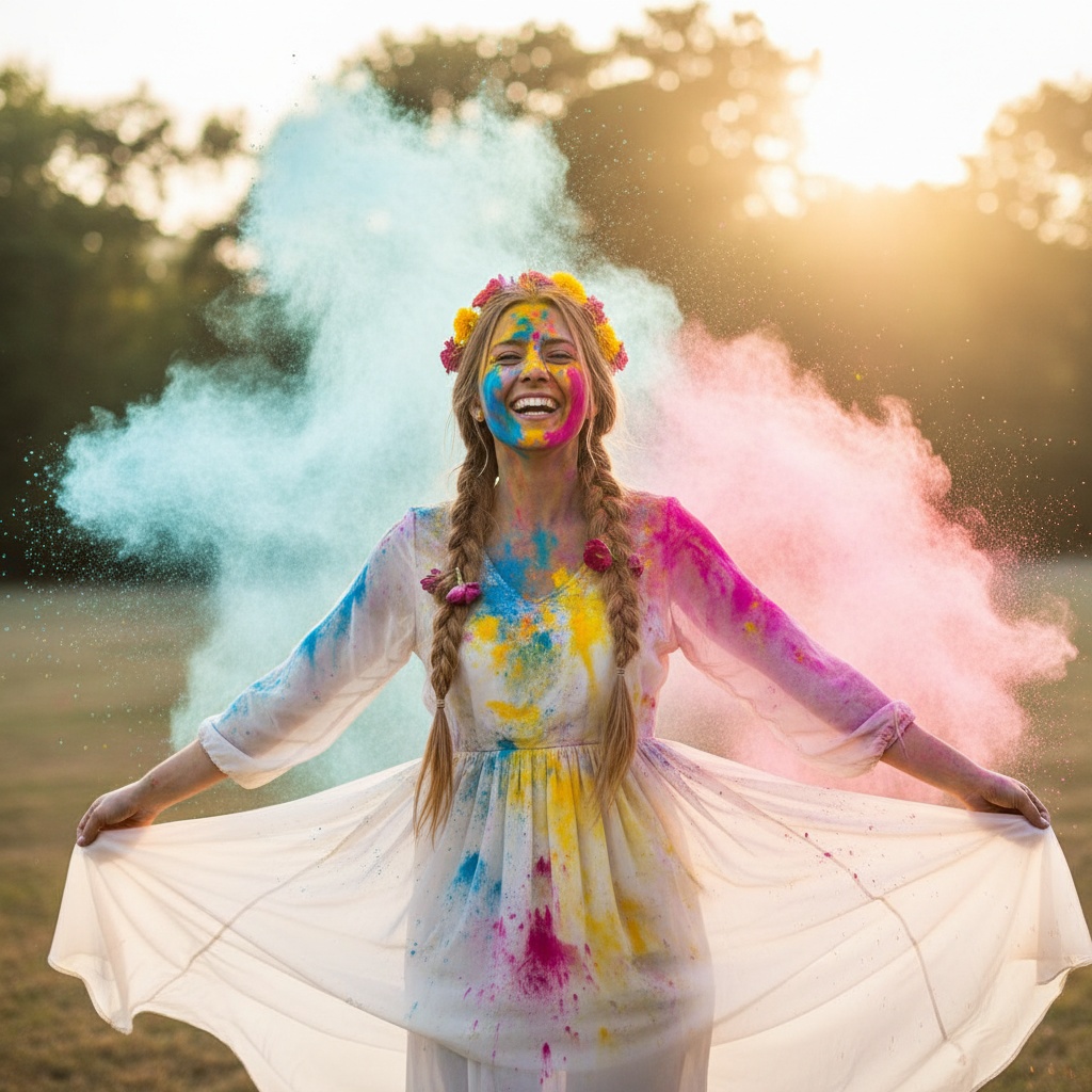 A vibrant portrait of Sarah, a 22-year-old white woman embodying the joyous spirit of Holi. She is surrounded by colorful powders in bright pinks, electric blues, and sunny yellows, while wearing a flowing, sheer chiffon dress in soft ivory that contrasts beautifully with the colors. Her loosely braided hair is adorned with flowers, enhancing the playful and ethereal vibe. With a radiant smile, Sarah stands in a sunny outdoor setting, dappled with the light of the setting sun, creating a warm and diffused glow that highlights her features and a delicate mist in the background adds to the dreamlike quality of the scene. The composition uses negative space to emphasize her joyful exuberance, capturing the essence of the celebration.