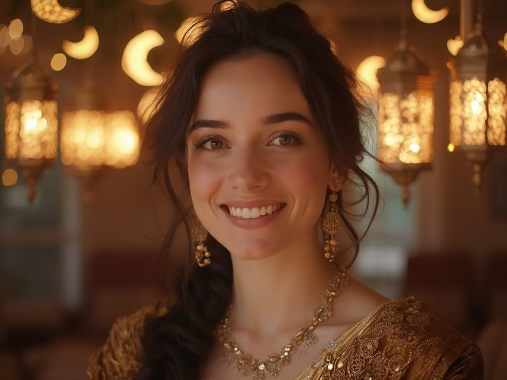 Portrait of Emily, a 40-year-old white female, dressed in elegant traditional attire suitable for Ramadan. She is smiling gently, with a warm and inviting expression. The background features beautiful Ramadan decorations, such as lanterns and crescent moons, creating a festive atmosphere. Soft, ambient lighting enhances her features, reflecting the spirit of the holy month of Ramadan. The scene evokes feelings of togetherness and celebration.