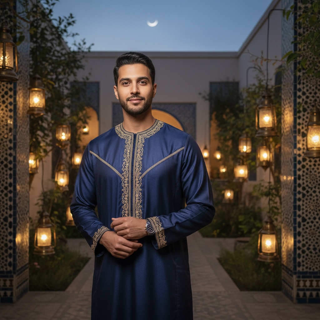 James, a 30-year-old distinguished Arab male figure epitomizing contemporary elegance during Ramadan. He is clad in a meticulously tailored deep navy thobe made from luxurious silk, with intricate hand-embroidered gold accents glinting softly under ambient lighting. His stance is dignified yet approachable, hands gently clasped, set against a beautifully adorned courtyard filled with lush greenery and ambient lanterns casting a warm glow. Traditional geometric patterns enrich the background, evoking the rich cultural heritage of Islamic art. The soft yet focused twilight lighting envelops him, enhancing the calm assurance in his thoughtful eyes and gentle smile, embodying the spirit of reflection and gratitude that defines this holy month.