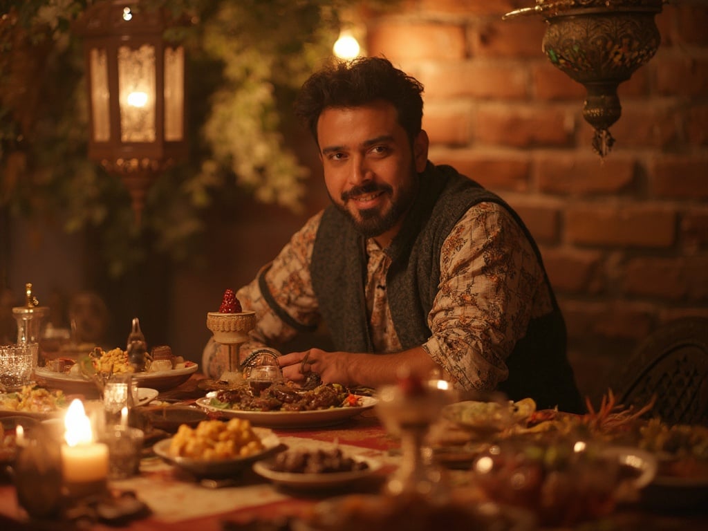 A 30-year-old Arab male named Michael sitting at a beautifully set table for Iftar during Ramadan. The setting is adorned with traditional decorations, featuring lanterns, filled dates, and various dishes representing Arab cuisine. The warm, ambient light creates a welcoming atmosphere that captures the spirit of community and celebration during this significant time.
