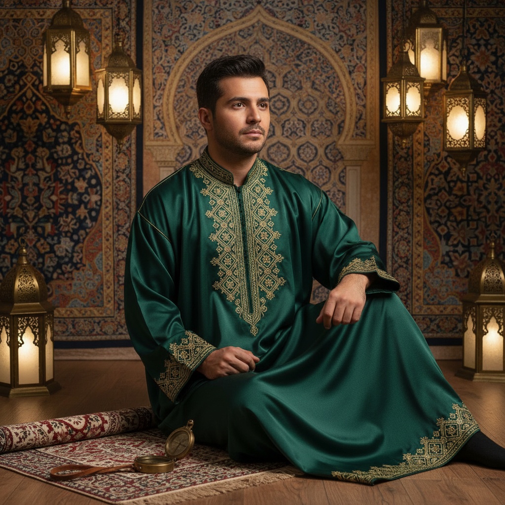 Michael, a 30-year-old Middle Eastern male, elegantly embodies the spirit of Ramadan in a portrait. He wears a flowing deep emerald silk thobe with intricate gold embroidery, draping gracefully with a high collar. The softly lit backdrop features opulent tapestries that evoke ancient Islamic architecture, illuminated by ambient lantern light. His expression is serene and contemplative, gazing into the distance. A small compass and a decorative prayer mat are subtly present, enhancing the spiritual atmosphere. Soft, diffused lighting casts a warm glow, enriching the colors of his attire and creating a tranquil mood, blending tradition with contemporary elegance, perfectly capturing the essence of Ramadan.