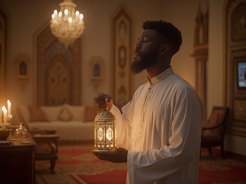 A 35-year-old black man, Michael, is depicted in a serene moment during Ramadan, standing in a beautifully decorated room with traditional Islamic decor. He is wearing a traditional thobe and has a peaceful expression, holding a lantern that symbolizes the spirit of Ramadan. Soft, warm lighting illuminates the scene, capturing the essence of reflection and community during this holy month.