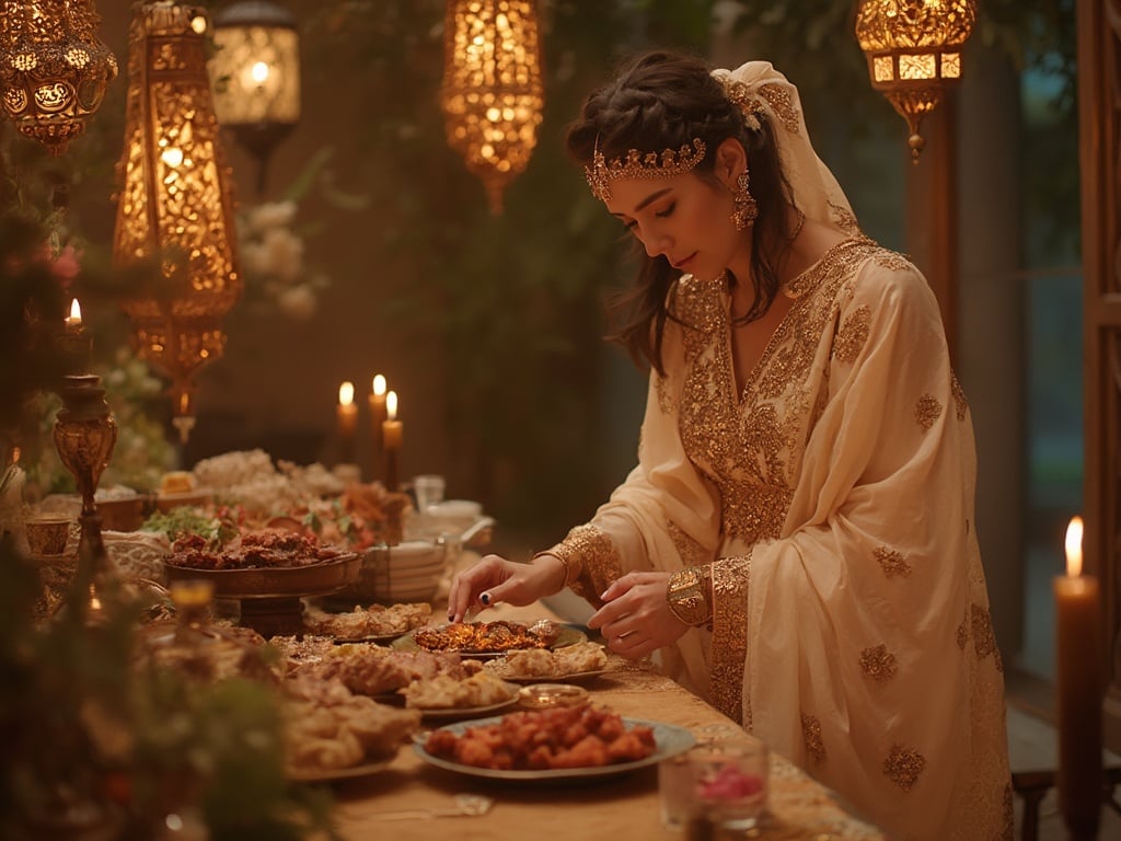 Olivia, a 25-year-old Middle Eastern woman, dressed in a beautifully ornate traditional outfit, celebrating Ramadan. The setting features intricate lanterns and soft golden lights, creating a warm and inviting ambiance. Olivia is seen preparing a festive table filled with traditional dishes, with a serene expression, embodying the spirit of togetherness and gratitude that defines this holy month. The image captures the cultural elegance and richness of Ramadan celebrations.