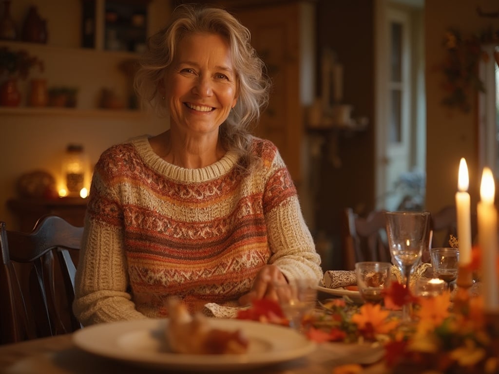 Jane, a 35-year-old Caucasian woman, is celebrating Thanksgiving in a cozy, warmly lit dining room. She is wearing a festive, autumn-themed sweater and a welcoming smile, surrounded by a beautifully set table adorned with traditional Thanksgiving decorations. The atmosphere is filled with warmth and family spirit, capturing the essence of the holiday celebration.
