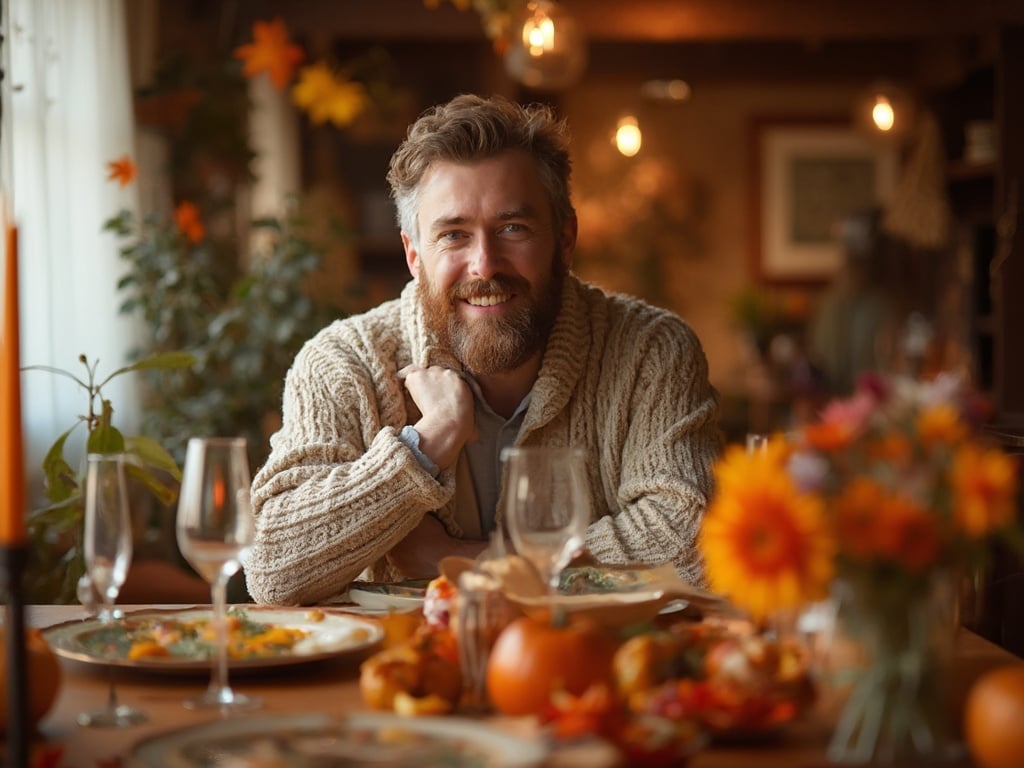 John, a 25-year-old white male, is enjoying a festive Thanksgiving dinner setting. He's seated at a beautifully decorated table, surrounded by autumn leaves, pumpkins, and traditional Thanksgiving dishes. John has a warm smile, dressed in a cozy cardigan, embodying the spirit of gratitude and togetherness, with soft lighting enhancing the warmth of the atmosphere. The image captures a moment of joy and celebration during the Thanksgiving holiday.