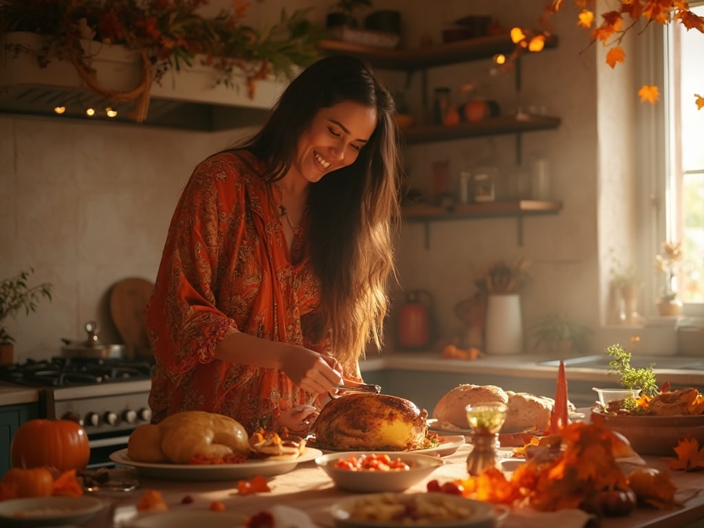 Olivia, a 30-year-old Indian female, joyfully preparing a Thanksgiving feast in a cozy kitchen. She is dressed in a festive outfit, with vibrant colors reflecting the holiday spirit. The kitchen is adorned with autumn decorations, and a beautifully set table is visible in the background, laden with traditional Thanksgiving dishes. Soft, warm lighting fills the space, creating an inviting atmosphere that captures the essence of family gatherings during the holiday.