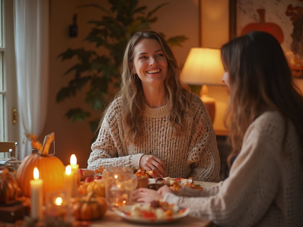 A 25-year-old white woman named Sarah celebrating Thanksgiving with a warm smile. The setting features a cozy dining room decorated with autumn-themed decorations, including a small pumpkin centerpiece and autumn leaves scattered on the table. Soft lighting enhances the warmth of the scene, with a beautifully set table filled with traditional Thanksgiving dishes. Sarah is wearing a stylish, cozy sweater, embodying the spirit of togetherness during the holiday season.