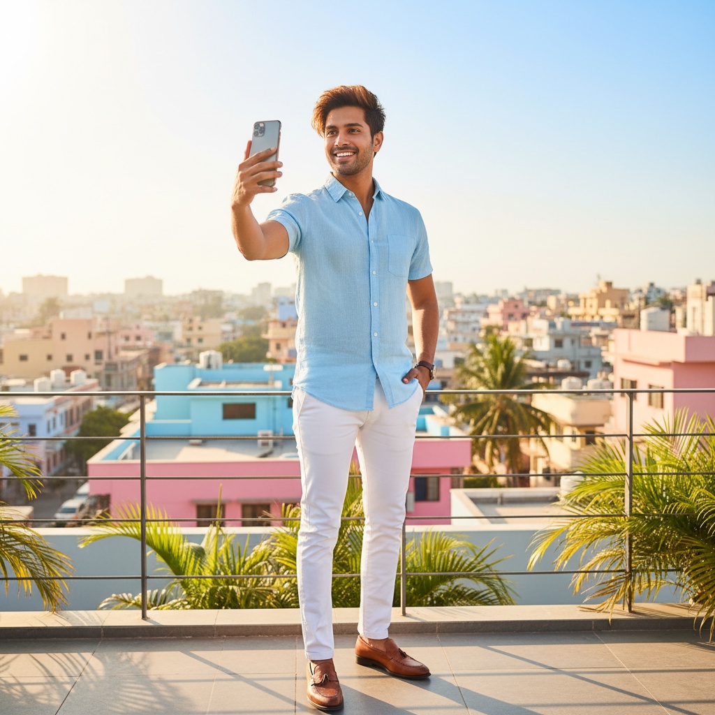 Smiling young man in a light blue shirt and white pants taking a selfie on a rooftop with a vibrant city skyline in the background during sunset.