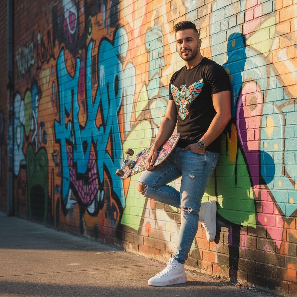 Young man in a black graphic tee and ripped jeans leans against a colorful graffiti wall, holding a skateboard, with sunlight highlighting the vibrant street art.