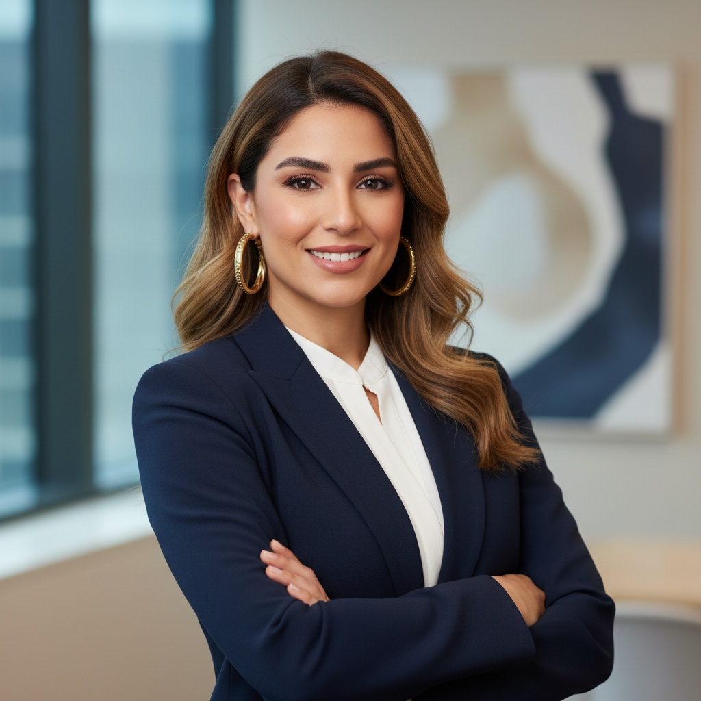 Professional woman in a navy blazer and white blouse, smiling confidently with arms crossed, standing in an office environment with large windows and abstract artwork in the background.