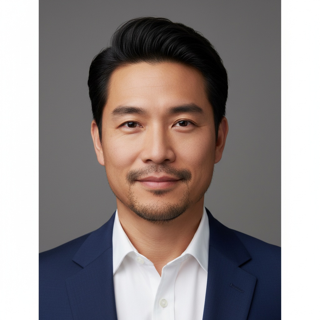 Professional headshot of a confident man in a navy suit and white shirt, smiling against a neutral gray background.