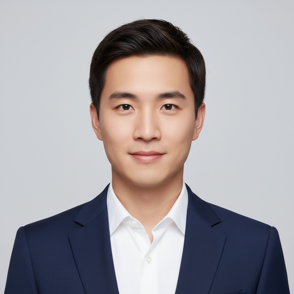 Professional headshot of a young Asian man wearing a dark suit and white shirt, smiling against a neutral gray background.