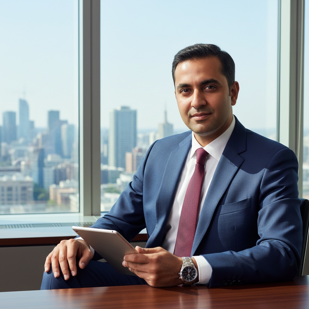 Business professional in a blue suit sitting at a desk with a tablet, overlooking a city skyline through a large window.