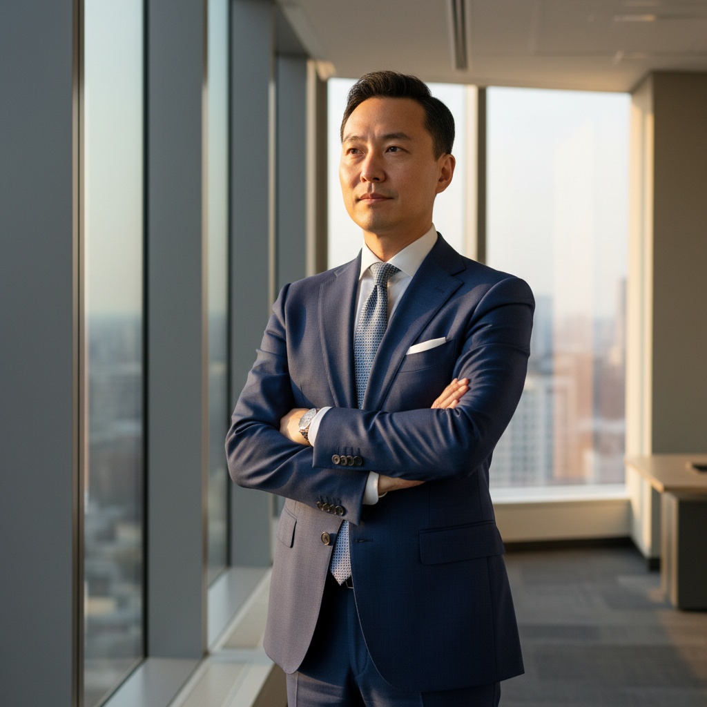 Businessman in a navy suit standing confidently with arms crossed in a modern office with large windows and city skyline in the background.