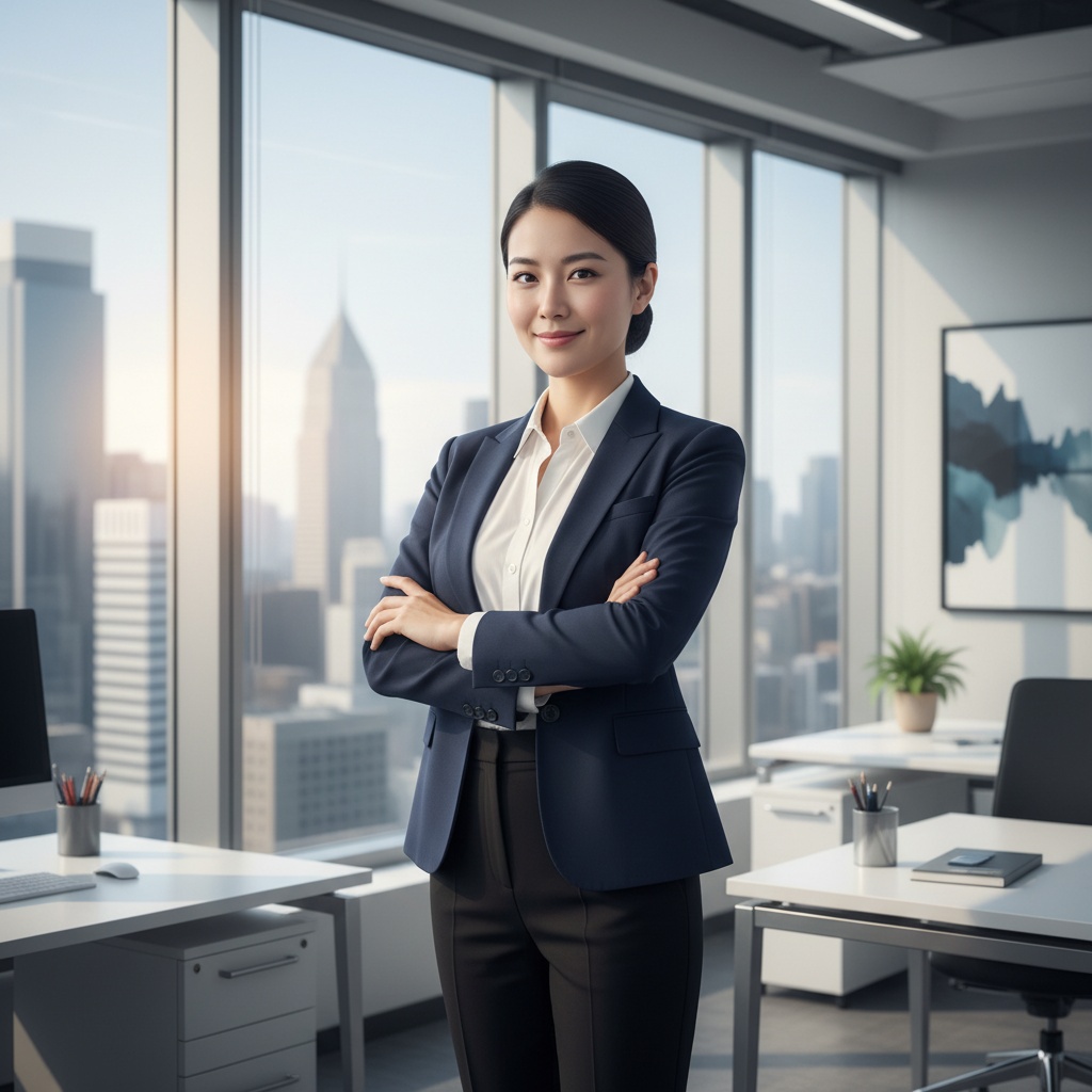 Businesswoman in a navy suit confidently posing with arms crossed in a modern office setting, showcasing a city skyline through large windows.