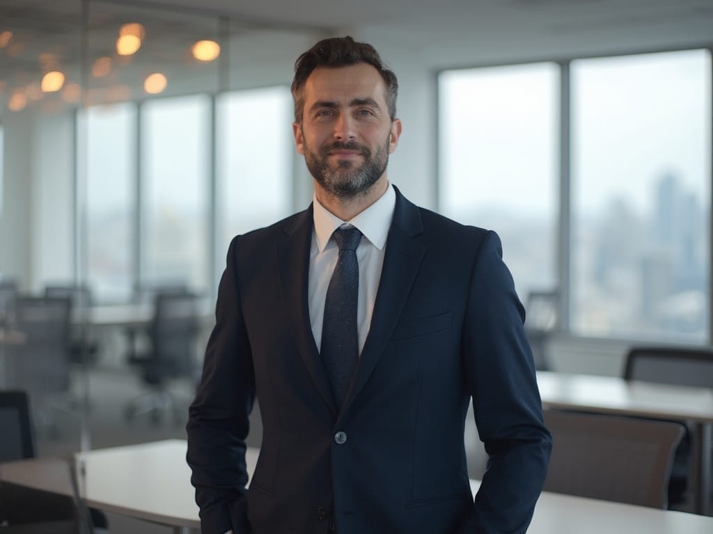 David, a professional male in his 25s, dressed in a tailored suit, confidently standing in a modern office setting. With a relaxed posture and a slight smile, he embodies professionalism and approachability, surrounded by sleek office furniture and a city skyline visible through large windows. The lighting is bright and inviting, enhancing the atmosphere of ambition and success.