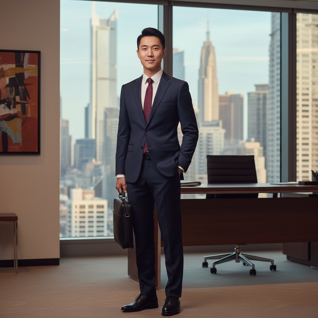 Professional man in formal navy suit holding a briefcase, standing confidently in a modern office with a city skyline view.