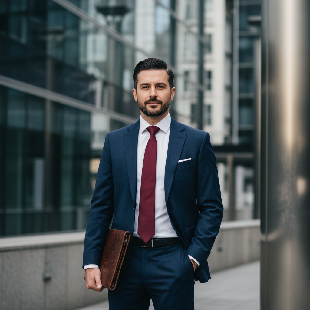 Professional man in a navy blue suit and red tie, holding a leather portfolio, standing in an urban setting with modern architecture in the background.