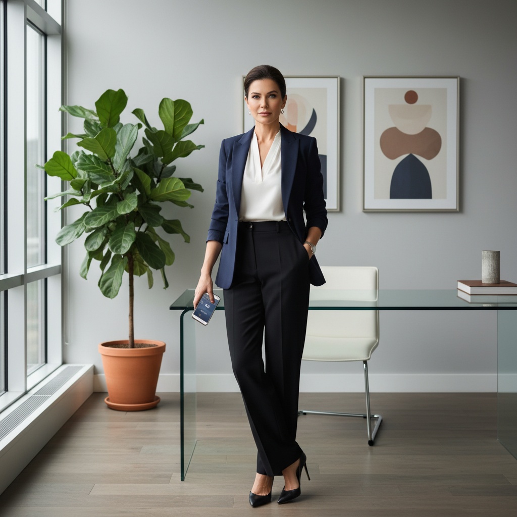 Professional woman in a stylish navy blazer and black pants standing confidently in a modern office space with a glass desk, a potted plant, and abstract art on the walls.