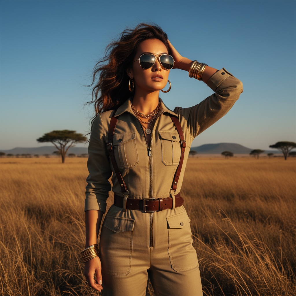 Olivia, a striking Asian female figure aged 28, embodies the fierce spirit of a modern safari goddess in a tailored khaki jumpsuit with leather accents, styled for a contemporary exploration theme. She stands confidently against a backdrop of golden savannah grasses and acacia trees under a brilliant azure sky, illustrating the adventurous essence of the wilderness. The warm golden hour light casts dramatic shadows, enhancing the textures of her outfit and emphasizing her sun-kissed skin. Over-sized aviator sunglasses and statement gold jewelry complement her outfit, creating a luxe yet adventurous vibe. Her pose conveys authority as she brushes back her wavy hair, capturing movement frozen in time. This editorial photo embodies the spirit of adventure and wanderlust, appealing to enthusiasts of fashion and exploration.