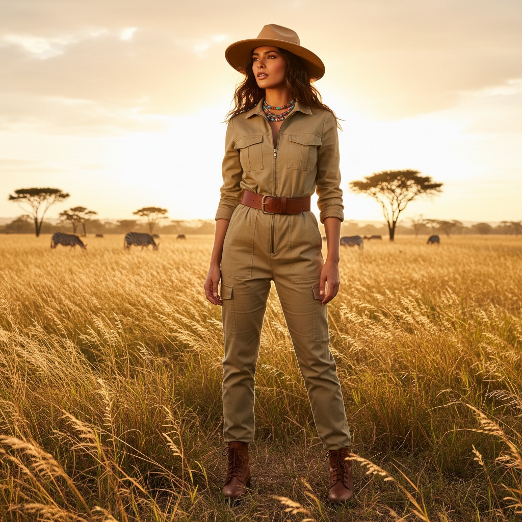 Sarah, a striking 24-year-old Middle Eastern female model, embodies the adventurous spirit of a contemporary safari explorer in a sun-drenched savannah landscape. She wears a tailored khaki jumpsuit made from lightweight cotton drill, with cargo pockets and elegant zip details, cinched at the waist with a rugged leather belt to highlight her silhouette. A wide-brimmed tan hat rests atop her natural waves, casting a soft shadow on her sun-kissed skin adorned with bronzer. Her classic leather ankle boots are stylish and functional, and a vibrant beaded necklace adds color against earthy tones. The sun casts a golden spotlight, creating a halo effect around her, while a breeze whispers through the tall grasses, evoking a sense of freedom and exploration. This photograph captures the essence of wanderlust, celebrating safari-inspired elegance with emotional resonance. The composition utilizes the rule of thirds, emphasizing her bold and adventurous nature.