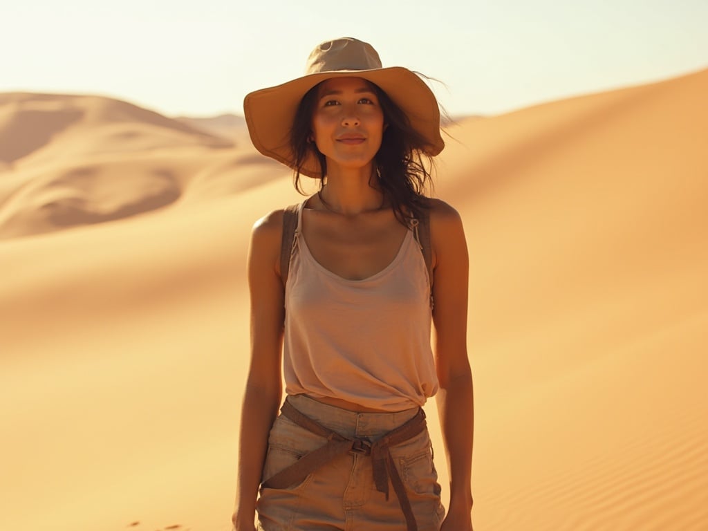 Jane, a 25-year-old Asian female, standing confidently in a Safari Desert setting. She is dressed in lightweight, breathable clothing suitable for the desert, with a wide-brimmed hat protectively shading her face. The vast expanse of sand dunes stretches behind her, bathed in warm sunlight, emphasizing the beauty and serenity of the desert environment. Her expression reflects adventure and curiosity, capturing the essence of exploration in this stunning landscape.