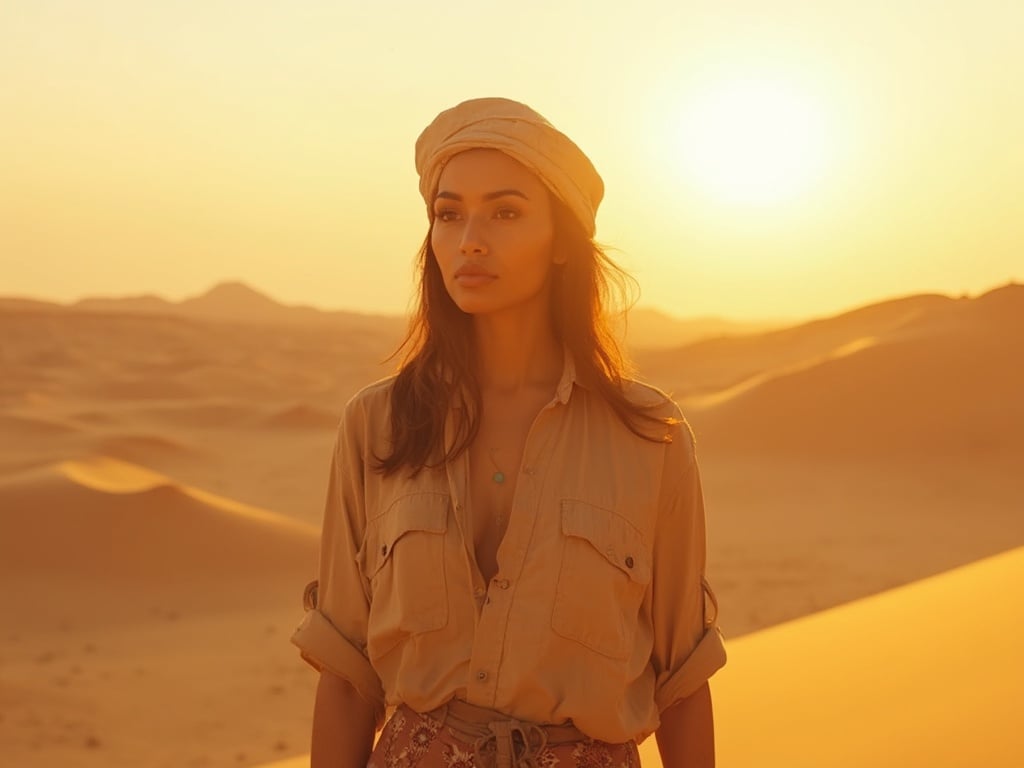 Olivia, a 25-year-old Indian woman, elegantly dressed in khaki attire suitable for a Safari Desert adventure, standing confidently in the vast dunes. The sun casts warm golden hues across the landscape as she gazes into the distance, embodying a sense of exploration and adventure. The scene captures the essence of the desert's beauty and Olivia's spirit, enhanced by the golden light and expansive sandy backdrop.