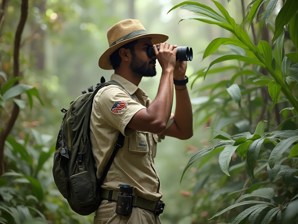 David, a 25-year-old Indian male, is exploring a Safari Jungle. He is dressed in safari gear, including a lightweight khaki shirt and cargo pants, holding binoculars and observing the vibrant wildlife. The backdrop features lush greenery and exotic plants, creating a lively atmosphere full of adventure and exploration, capturing the essence of the jungle experience.