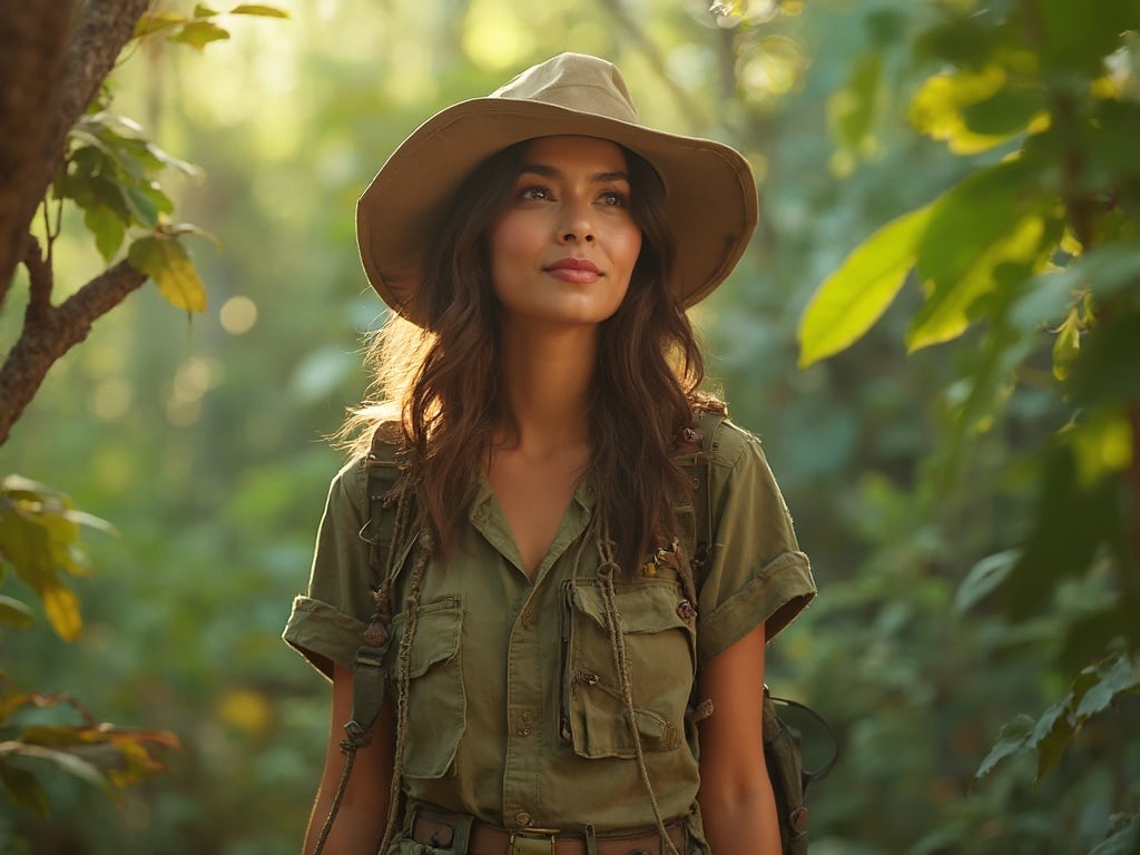 Sarah, a 25-year-old Middle Eastern female, poses confidently in a vibrant Safari Jungle setting. She is dressed in a stylish yet practical safari outfit, blending seamlessly with the lush greenery and exotic wildlife around her. The sunlight filters through the trees, illuminating her features as she gazes into the distance, embodying adventure and exploration in the heart of the jungle. A sense of wonder and connection with nature is captured in the scene.