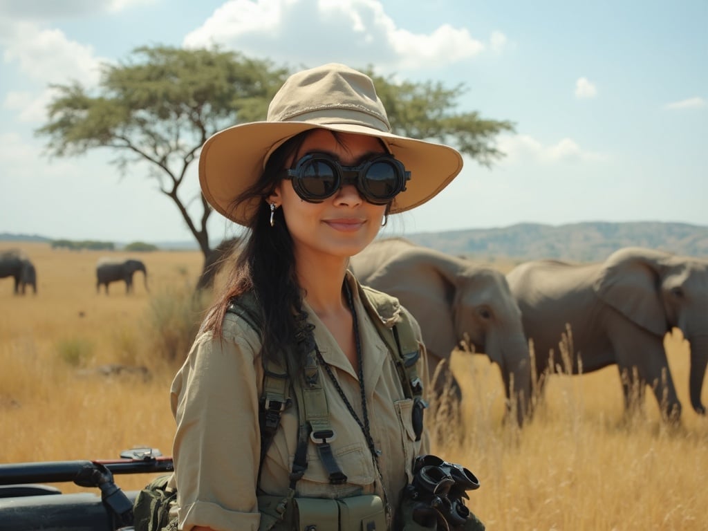 Jane, a 30-year-old Indian woman, is in the Safari Kruger setting surrounded by beautiful landscapes and wildlife. She is dressed in safari gear with a wide-brimmed hat, looking through binoculars while standing on a safari vehicle. The scene captures the essence of adventure and exploration in the African wilderness, with elephants and acacia trees in the background, showcasing the rich flora and fauna of Kruger National Park.