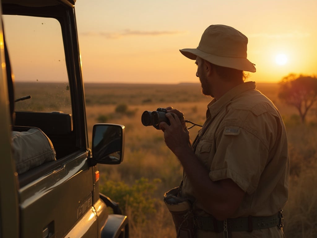 John, a 40-year-old Indian male, captures a moment during a safari in Kruger National Park. Dressed in appropriate safari attire, he stands next to an open jeep, binoculars in hand, gazing toward the horizon where wildlife can be seen in the lush landscape. The setting sun casts a warm glow over the savannah, highlighting John's excitement and connection with nature.