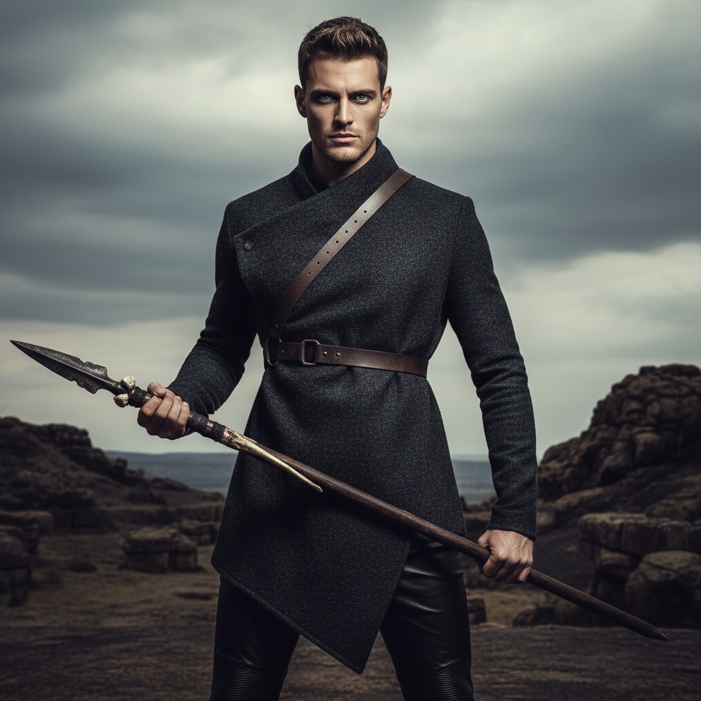 A striking portrait of a 29-year-old male model named John, embodying the raw power and enigmatic allure of a modern-day warrior, set against the rugged, atmospheric backdrop of Kruger. Dressed in an avant-garde ensemble of deep charcoal wool and textured leather, featuring a draped, asymmetrical tunic layered over tailored trousers, John's expression is intense with piercing eyes that convey deep narrative. The dramatic lighting casts deep shadows, emphasizing the angularity of his jawline, creating a sculptural quality. His pose, gripping a makeshift spear, adds dynamic tension, evoking themes of masculinity and resilience, all rendered in rich textures and a dark palette that speaks to contemporary identity.